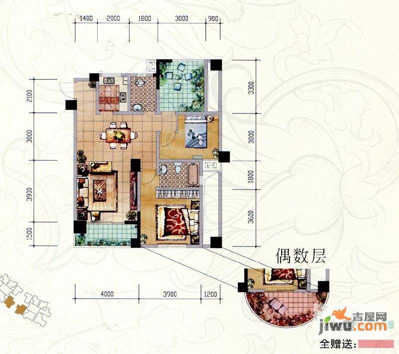 领江·88公寓2室2厅2卫104.8㎡户型图