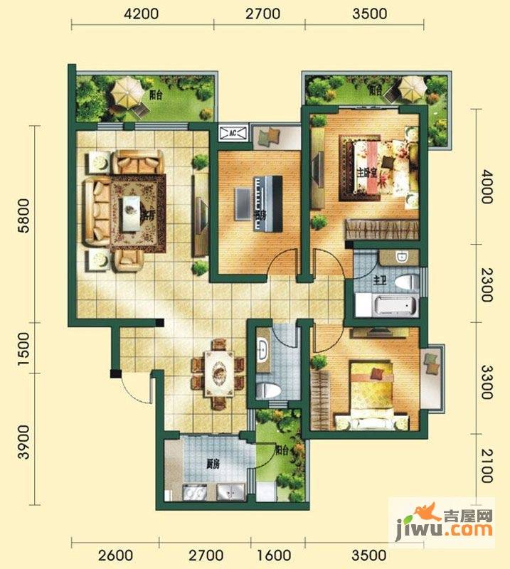 凌凯春天3室2厅2卫107.4㎡户型图