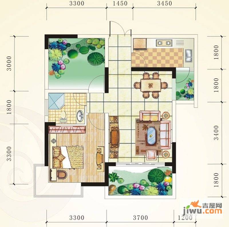 誉峰1室2厅1卫67.5㎡户型图