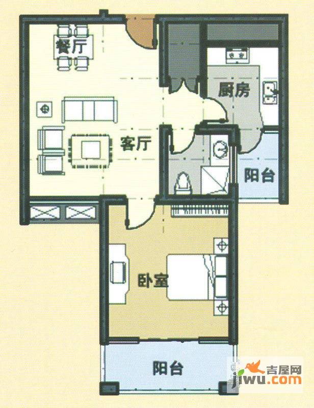 都会华庭1室2厅1卫70㎡户型图