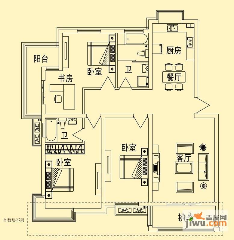 舜江碧水豪园3室2厅2卫130.7㎡户型图