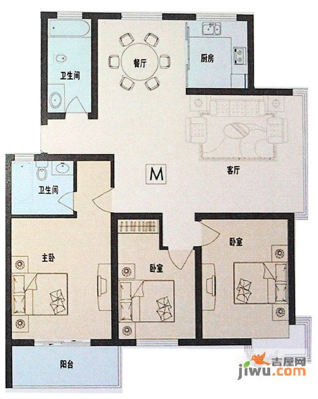 柳岸御府3室2厅1卫128㎡户型图