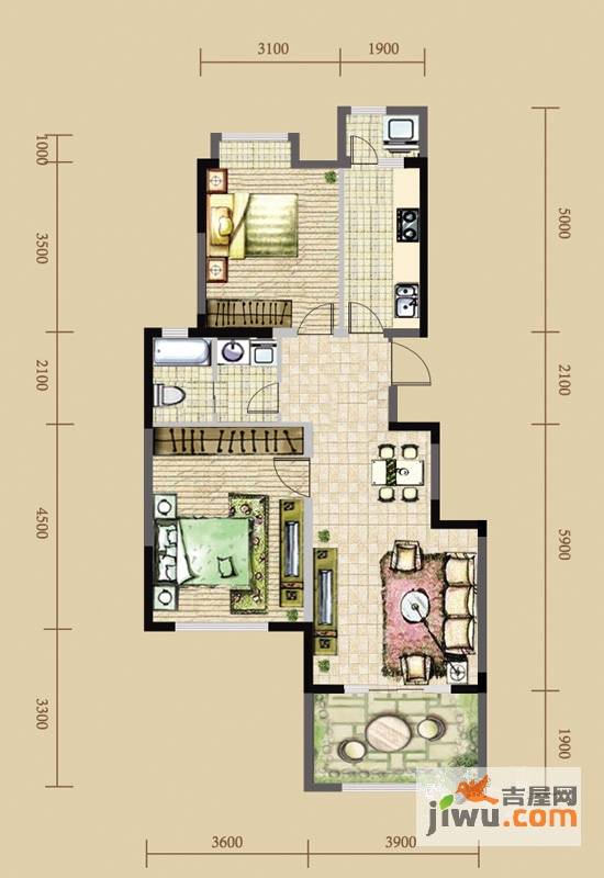 长青温泉岛2室2厅1卫88㎡户型图