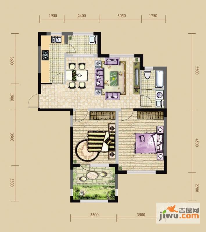 长青温泉岛2室2厅1卫88㎡户型图