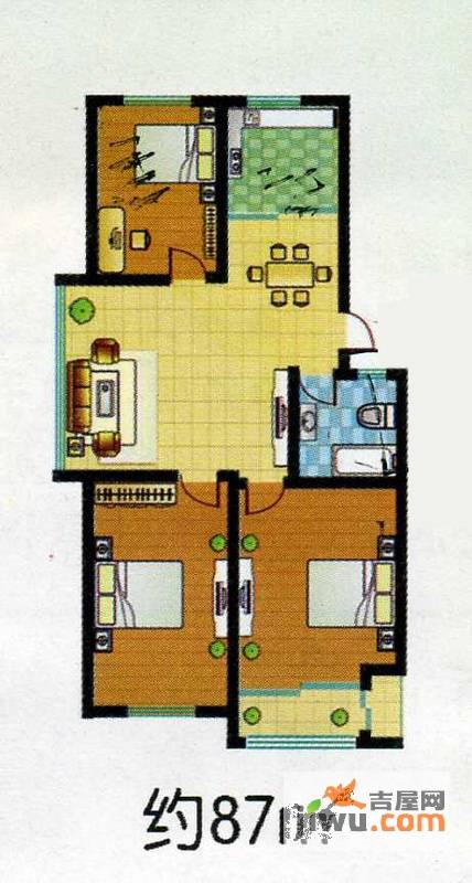 翠柳园3室2厅1卫87㎡户型图