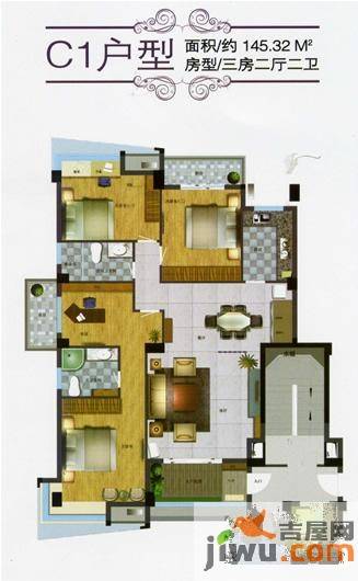 中央龙湾3室2厅2卫145.3㎡户型图