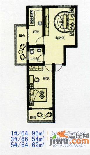 蔚蓝水岸1室1厅1卫65㎡户型图