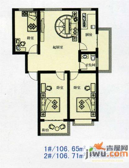 蔚蓝水岸3室1厅1卫104.4㎡户型图