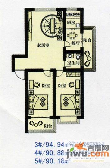 蔚蓝水岸2室2厅1卫94.9㎡户型图