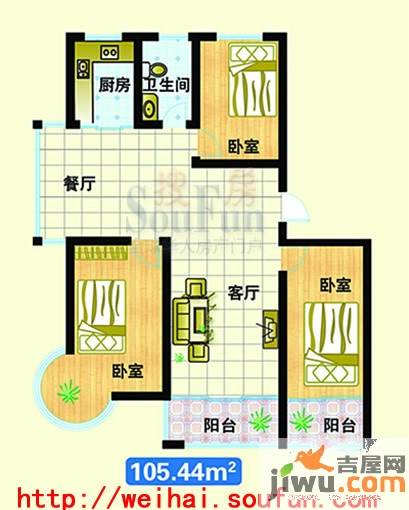 碧海桃园3室2厅1卫105.4㎡户型图