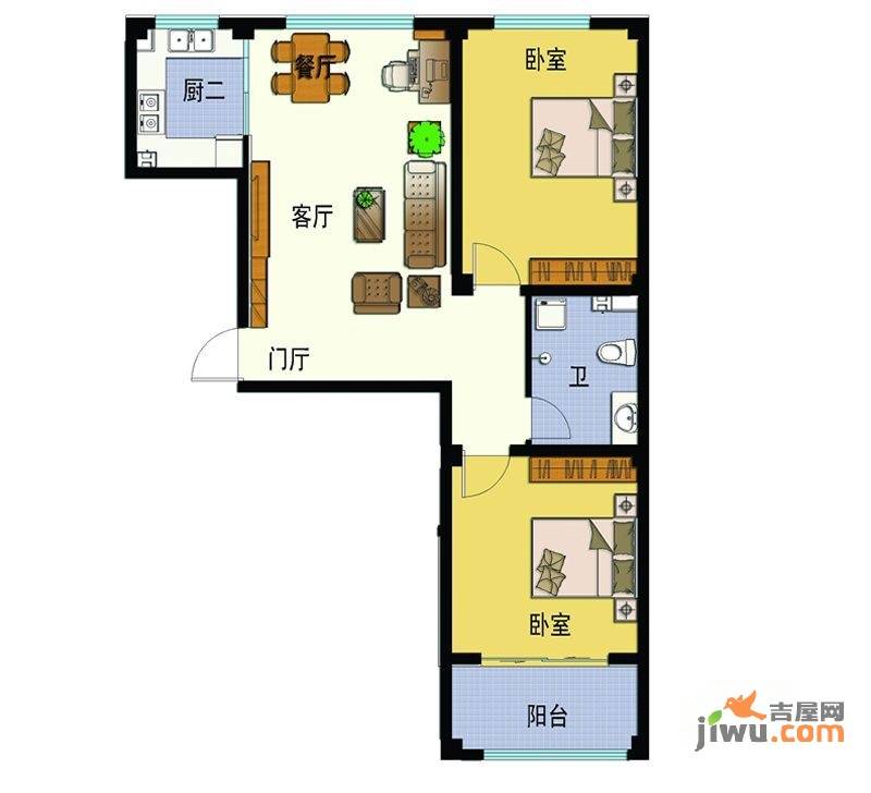 新西城2室2厅1卫99.7㎡户型图