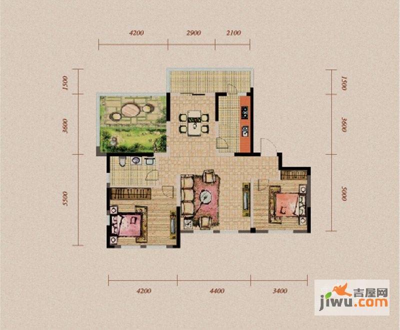 长青温泉明珠2室2厅1卫95.1㎡户型图